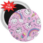 Cute Cat Kitten Cartoon Doodle Seamless Pattern 3  Magnets (10 pack) 