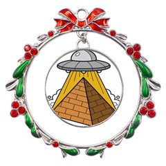 Unidentified Flying Object Ufo Under The Pyramid Metal X mas Wreath Ribbon Ornament by Sarkoni