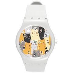 Seamless Pattern Cute Cat Cartoons Round Plastic Sport Watch (m) by Bedest