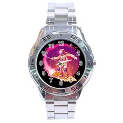 Astronaut Spacesuit Standing Surfboard Surfing Milky Way Stars Stainless Steel Analogue Watch by Ndabl3x