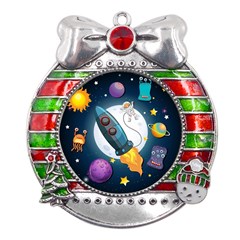 Spaceship Astronaut Space Metal X mas Ribbon With Red Crystal Round Ornament