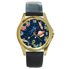Seamless Pattern With Funny Aliens Cat Galaxy Round Gold Metal Watch by Hannah976