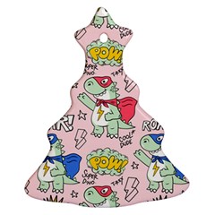 Seamless Pattern With Many Funny Cute Superhero Dinosaurs T-rex Mask Cloak With Comics Style Inscrip Christmas Tree Ornament (two Sides) by Ket1n9