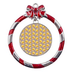 Yellow Mushroom Pattern Metal Red Ribbon Round Ornament by Ket1n9