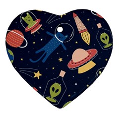 Seamless Pattern With Funny Alien Cat Galaxy Ornament (heart) by Ndabl3x