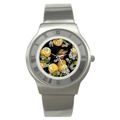 Embroidery Blossoming Lemons Butterfly Seamless Pattern Stainless Steel Watch by Ket1n9