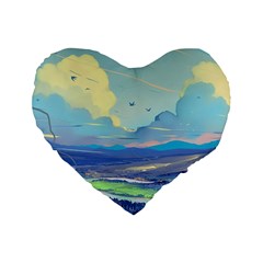 Mountains And Trees Illustration Painting Clouds Sky Landscape Standard 16  Premium Flano Heart Shape Cushions by Cendanart