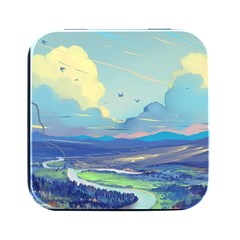 Mountains And Trees Illustration Painting Clouds Sky Landscape Square Metal Box (black) by Cendanart