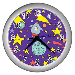 Card With Lovely Planets Wall Clock (silver) by Bedest
