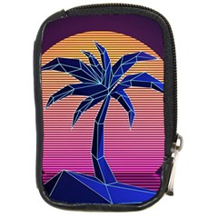 Abstract 3d Art Holiday Island Palm Tree Pink Purple Summer Sunset Water Compact Camera Leather Case by Cemarart