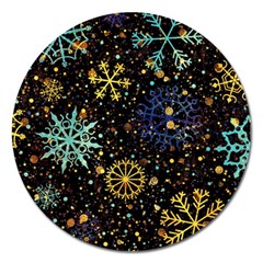 Gold Teal Snowflakes Magnet 5  (round) by Grandong