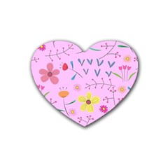 Pink Flowers Pattern Rubber Heart Coaster (4 Pack) by Grandong