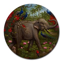 Jungle Of Happiness Painting Peacock Elephant Round Mousepad by Cemarart