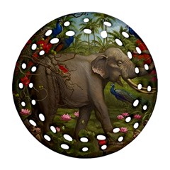 Jungle Of Happiness Painting Peacock Elephant Round Filigree Ornament (two Sides) by Cemarart