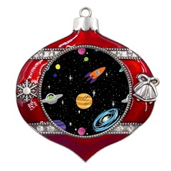 Space Cartoon, Planets, Rockets Metal Snowflake And Bell Red Ornament by nateshop