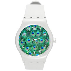 Peacock Feathers, Bonito, Bird, Blue, Colorful, Feathers Round Plastic Sport Watch (m) by nateshop