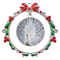 White Feathers, Animal, Bird, Feather, Peacock Metal X mas Wreath Ribbon Ornament by nateshop