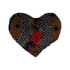 Authentic Aboriginal Art - Gathering Standard 16  Premium Flano Heart Shape Cushions by hogartharts