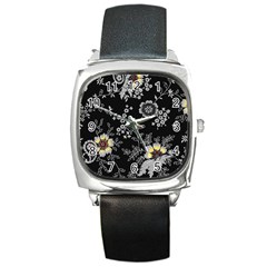Black Background With Gray Flowers, Floral Black Texture Square Metal Watch by nateshop
