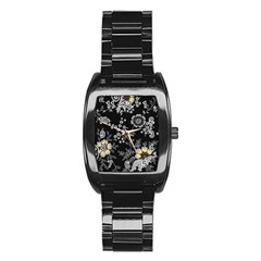 Black Background With Gray Flowers, Floral Black Texture Stainless Steel Barrel Watch by nateshop