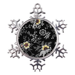 Black Background With Gray Flowers, Floral Black Texture Metal Large Snowflake Ornament by nateshop