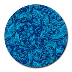 Blue Floral Pattern Texture, Floral Ornaments Texture Round Mousepad by nateshop