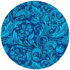Blue Floral Pattern Texture, Floral Ornaments Texture Wooden Puzzle Round by nateshop