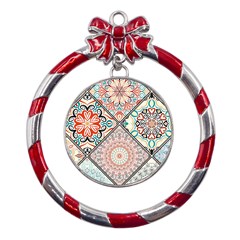 Flowers Pattern, Abstract, Art, Colorful Metal Red Ribbon Round Ornament by nateshop