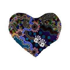 Authentic Aboriginal Art - Discovering Your Dreams Standard 16  Premium Flano Heart Shape Cushions by hogartharts