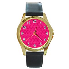 Pink Pattern, Abstract, Background, Bright Round Gold Metal Watch by nateshop