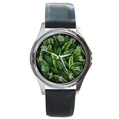 Green Leaves Round Metal Watch by goljakoff