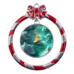 Seascape Boat Sailing Metal Red Ribbon Round Ornament