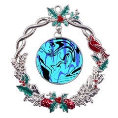 Mint Background Swirl Blue Black Metal X mas Wreath Holly Leaf Ornament by Cemarart