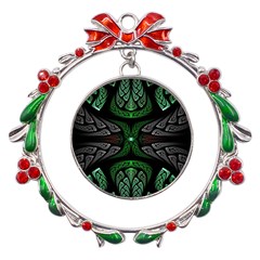 Fractal Green Black 3d Art Floral Pattern Metal X mas Wreath Ribbon Ornament