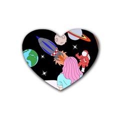 Girl Bed Space Planets Spaceship Rocket Astronaut Galaxy Universe Cosmos Woman Dream Imagination Bed Rubber Heart Coaster (4 Pack)