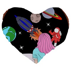 Girl Bed Space Planets Spaceship Rocket Astronaut Galaxy Universe Cosmos Woman Dream Imagination Bed Large 19  Premium Flano Heart Shape Cushions