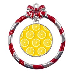 Lemon Fruits Slice Seamless Pattern Metal Red Ribbon Round Ornament by Apen