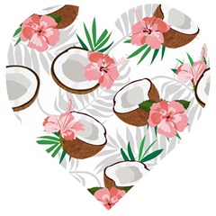Seamless Pattern Coconut Piece Palm Leaves With Pink Hibiscus Wooden Puzzle Heart by Apen