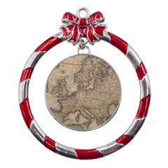 Old Vintage Classic Map Of Europe Metal Red Ribbon Round Ornament