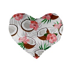 Seamless Pattern Coconut Piece Palm Leaves With Pink Hibiscus Standard 16  Premium Flano Heart Shape Cushions by Apen