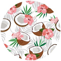 Seamless Pattern Coconut Piece Palm Leaves With Pink Hibiscus Wooden Puzzle Round by Apen