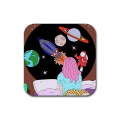 Girl Bed Space Planets Spaceship Rocket Astronaut Galaxy Universe Cosmos Woman Dream Imagination Bed Rubber Coaster (square) by Maspions