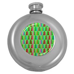 Trees Pattern Retro Pink Red Yellow Holidays Advent Christmas Round Hip Flask (5 Oz)