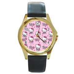Cute Hello Kitty Collage, Cute Hello Kitty Round Gold Metal Watch by nateshop