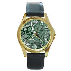 Green Ornament Texture, Green Flowers Retro Background Round Gold Metal Watch by nateshop