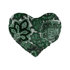 Green Ornament Texture, Green Flowers Retro Background Standard 16  Premium Flano Heart Shape Cushions by nateshop