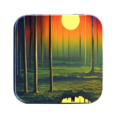 Outdoors Night Moon Full Moon Trees Setting Scene Forest Woods Light Moonlight Nature Wilderness Lan Square Metal Box (black) by Posterlux