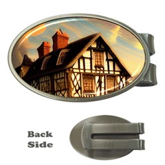 Village House Cottage Medieval Timber Tudor Split Timber Frame Architecture Town Twilight Chimney Money Clips (oval)  by Posterlux