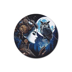 Steampunk Woman With Owl 2 Steampunk Woman With Owl Woman With Owl Strap Rubber Round Coaster (4 Pack) by CKArtCreations