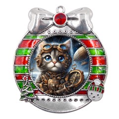 Maine Coon Explorer Metal X mas Ribbon With Red Crystal Round Ornament by CKArtCreations